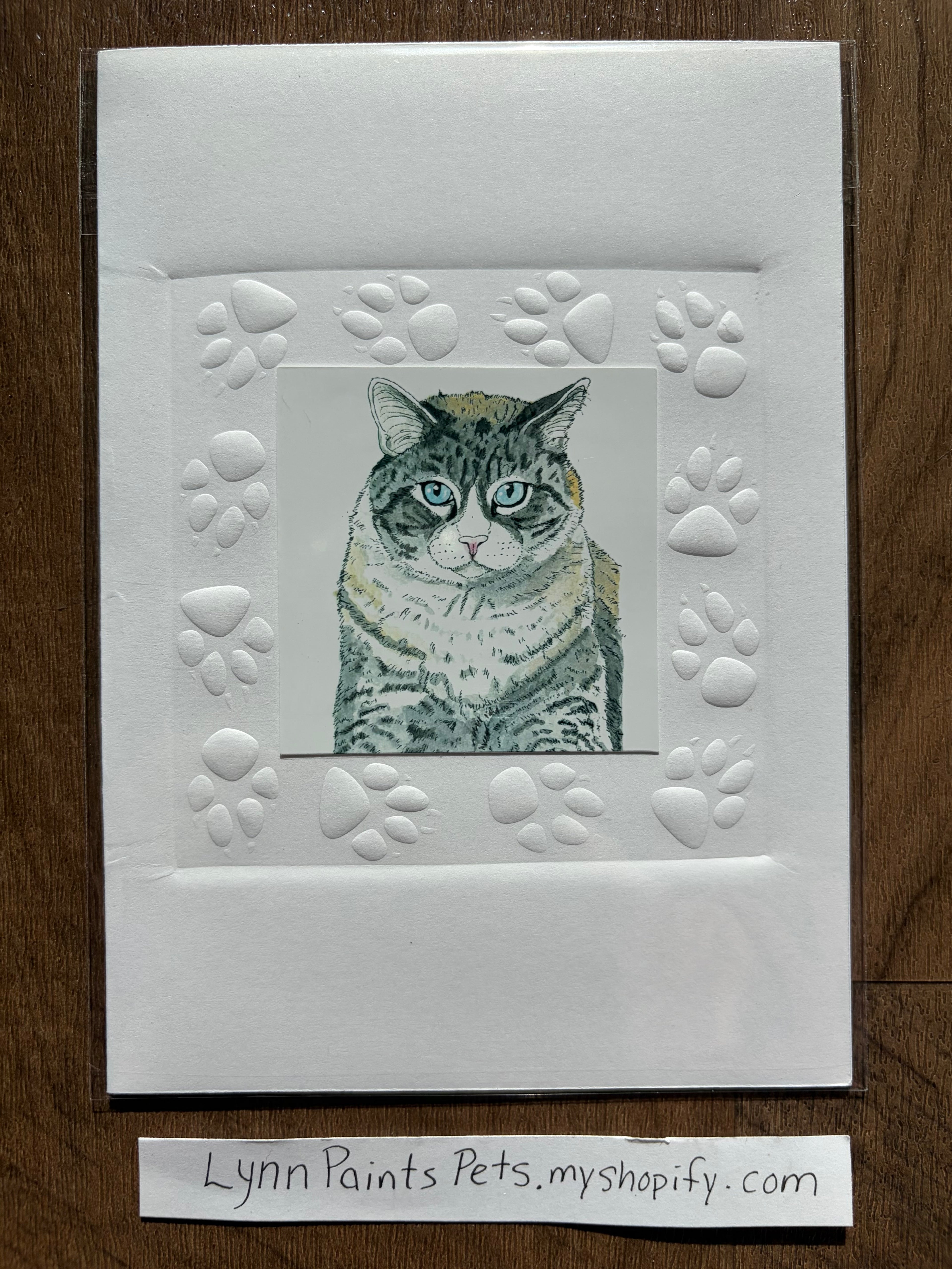 Cat Greeting Card 5x7 Embossed paw print border