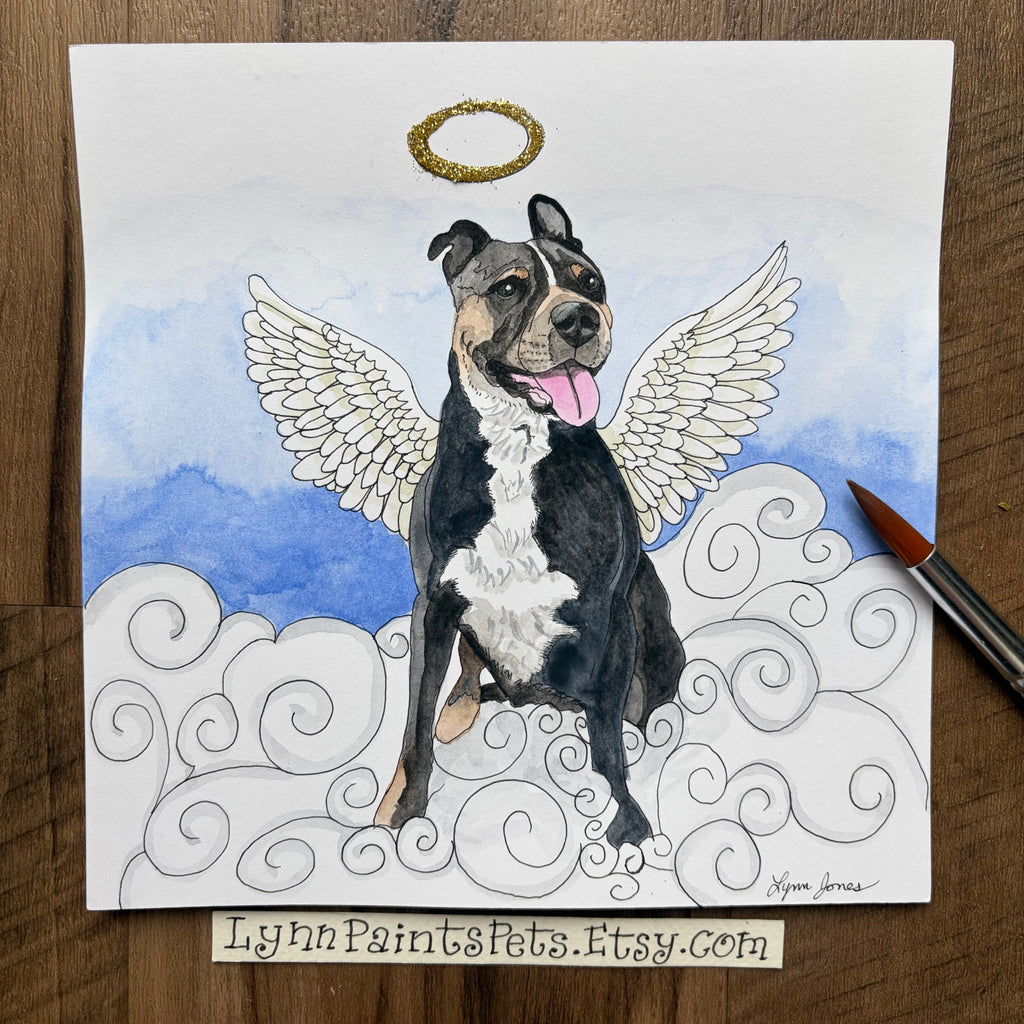 Angel Dog pet portrait 8x8 watercolor painting handmade