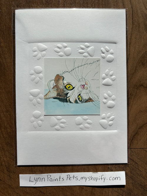 Cat Greeting Card 5x7 Embossed paw print border