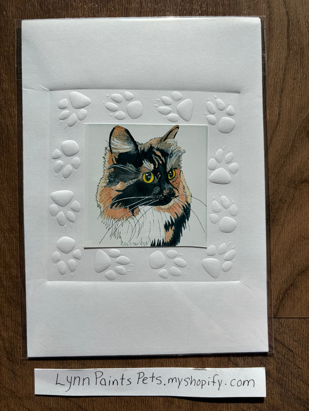 Cat Greeting Card 5x7 Embossed paw print border