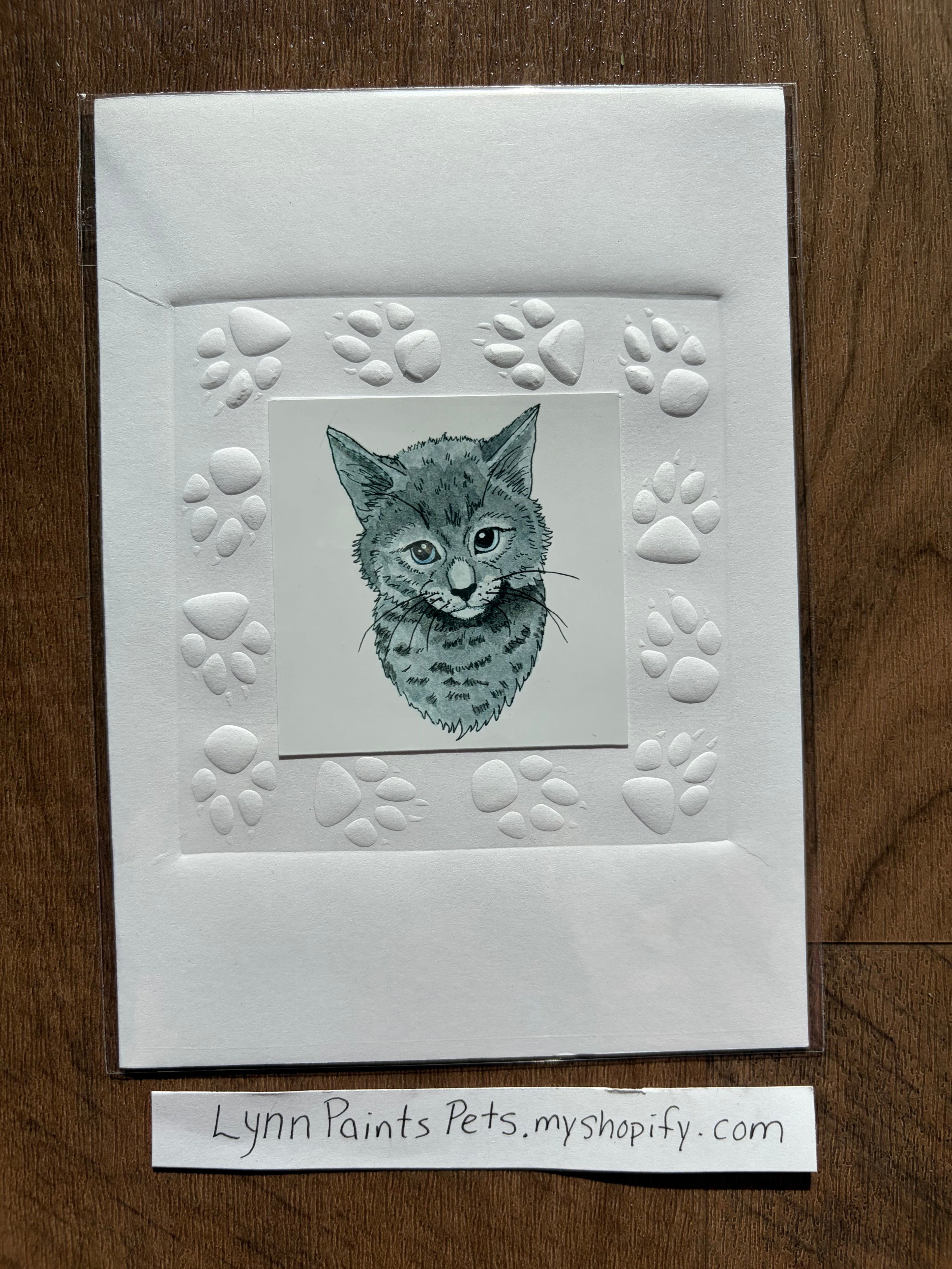 Cat Greeting Card 5x7 Embossed paw print border