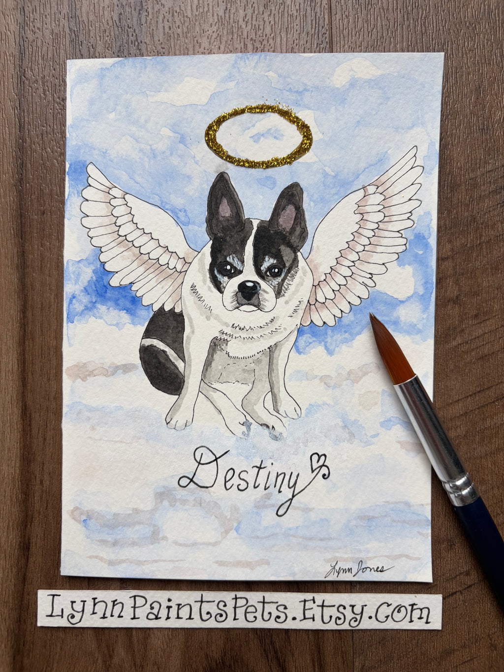 Angel Dog pet portrait 8x8 watercolor painting handmade