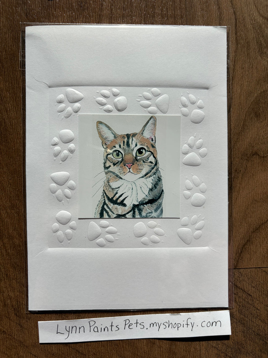 Cat Greeting Card 5x7 Embossed paw print border